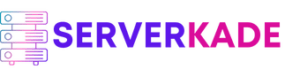 Gradient logo reading SERVERKADE in purple and pink, with an icon of three stacked server units outlined in the same gradient colors to the left of the text. ServerKade