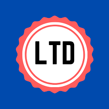 A circular badge for LTD (1 Server) features a wavy red border, white center, bold black LTD letters, all set on a solid blue background. ServerKade