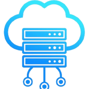 Blue cloud computing icon showing three server racks inside a cloud outline, with three lines extending downward, each ending in a circle, representing data connections or networking. ServerKade