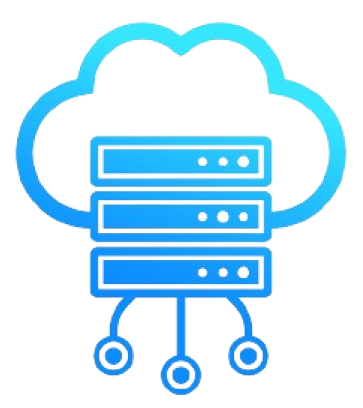 Blue cloud computing icon showing three server racks inside a cloud outline, with three lines extending downward, each ending in a circle, representing data connections or networking. ServerKade
